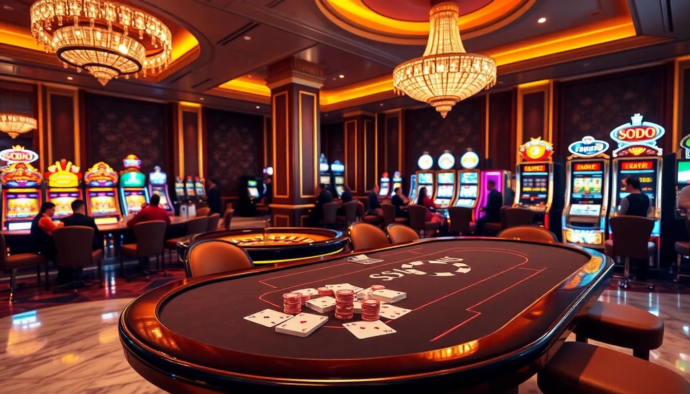SODO CASINO poker table showcasing vibrant chips and high-stakes games in a luxurious atmosphere.