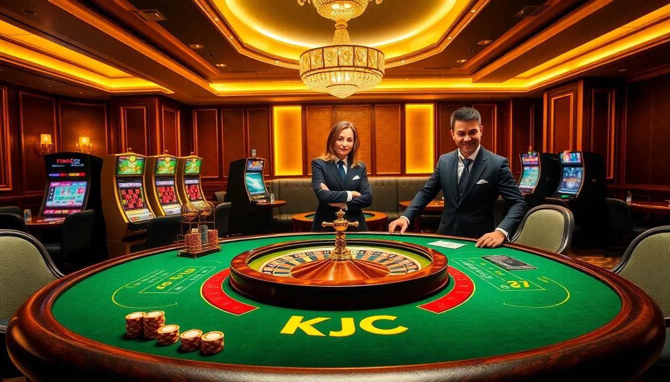 KJC branded casino table with luxury poker chips and active players engaged in betting.