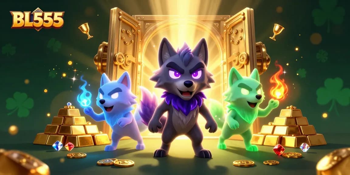 Experience high-stakes gaming with BL555's shadow wolf leader amidst treasure, gems, and casino glamour.