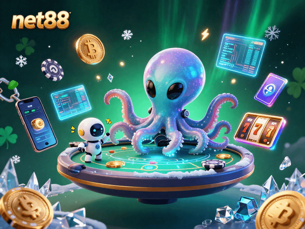 Engage with net88 in a vibrant cosmic casino scene featuring alien characters and crypto elements.