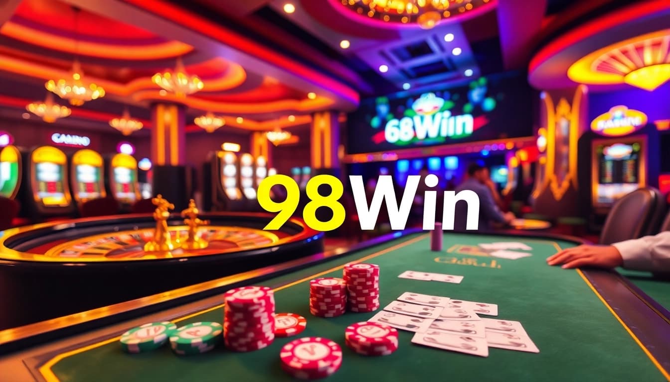 Experience the excitement of 98Win with vibrant casino visuals showcasing poker and roulette.