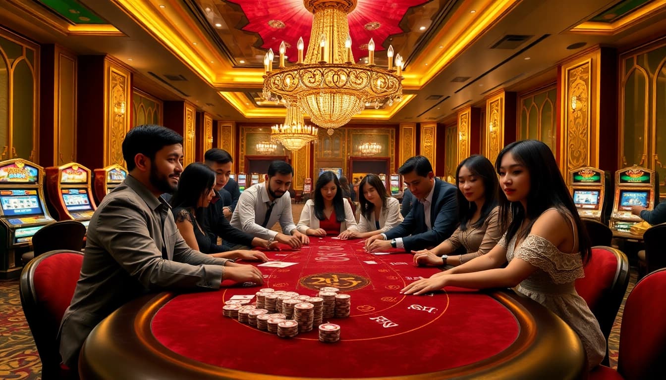 Experience the thrill of king88 vina with players enjoying blackjack in a luxurious casino setting.