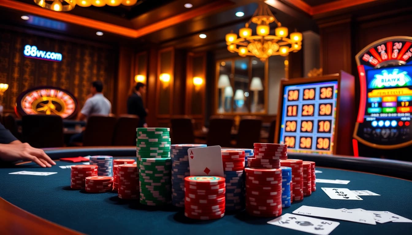 Engage in thrilling games on 88vv.com with vibrant cards, chips, and an electric casino atmosphere.