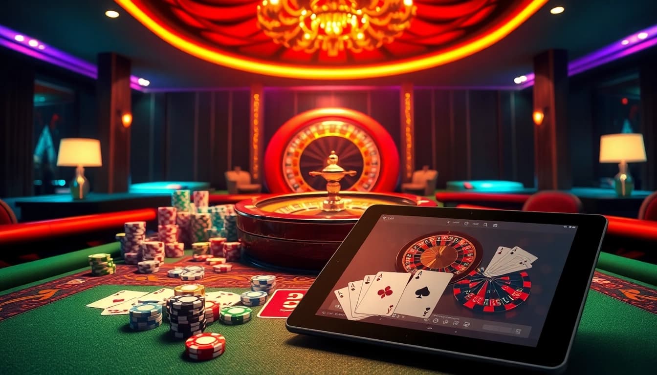 Engaging QQ88 casino scene featuring poker chips and a stylish roulette wheel.