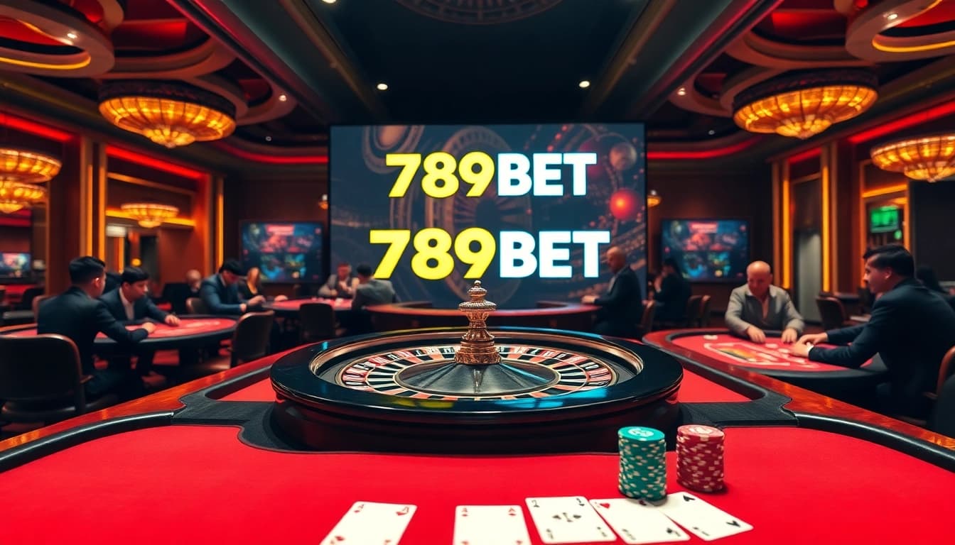 Engaging gaming atmosphere with players at 789BET tables and a roulette wheel spinning.