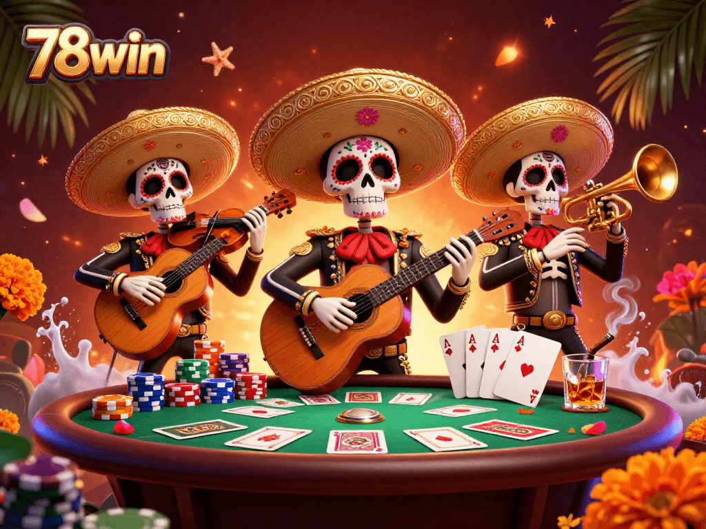 Engage in exciting poker action at 78win with colorful mariachi characters and vibrant casino elements.