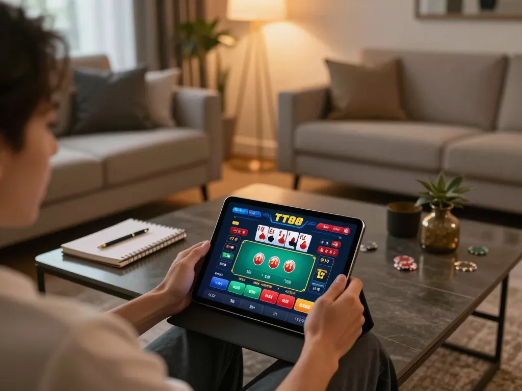 Engaged player using TT88 app on tablet for strategic online gambling.