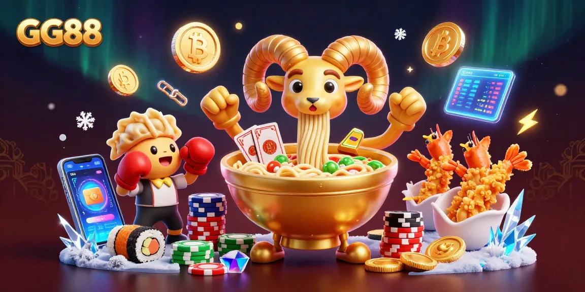 Experience the energy of GG88 with a vibrant casino-themed illustration featuring a golden ramen bowl and friends.