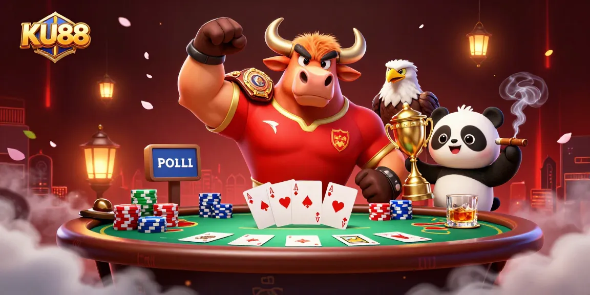 KU88 casino gaming scene with a bull mascot and eagle celebrating big wins.