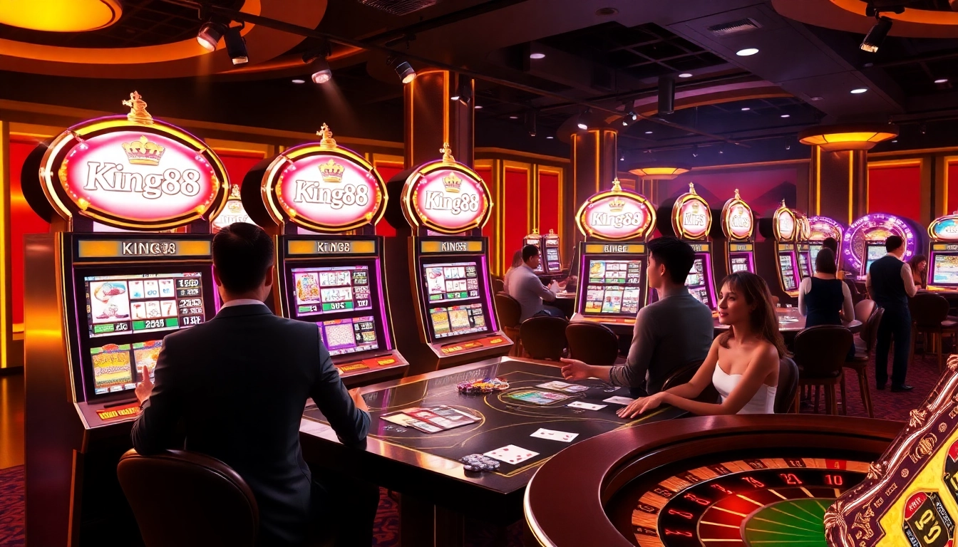 Engage in thrilling gaming experiences at King88 casino, featuring vibrant slot machines and excited players.