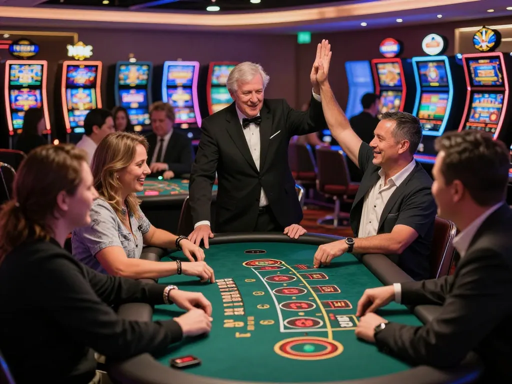 Experience the excitement of nk88 casino floor with players celebrating wins and engaging in games.