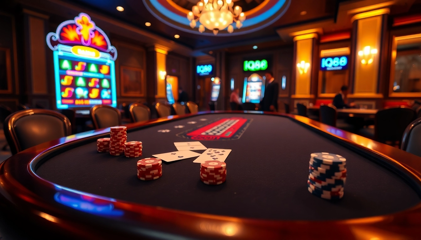 Experience the excitement of iq88 with vibrant casino gaming, featuring a blackjack table and glowing slot machines.