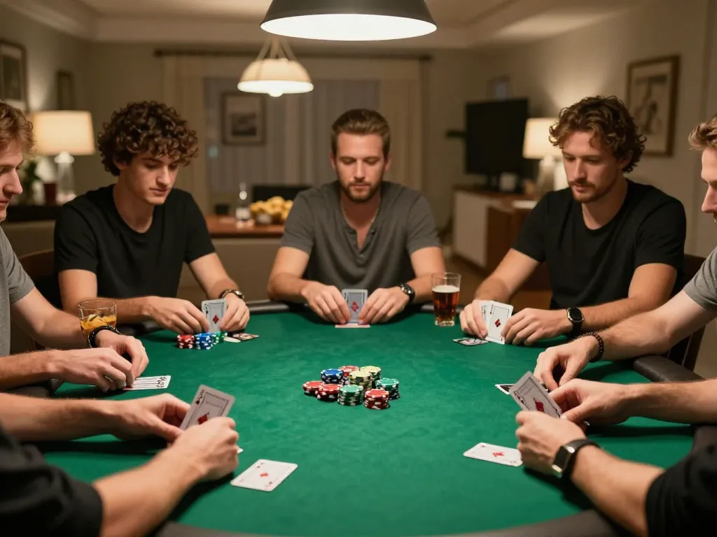 Players enjoying a social poker night at home while betting on xx88 games, focusing on strategy and camaraderie.