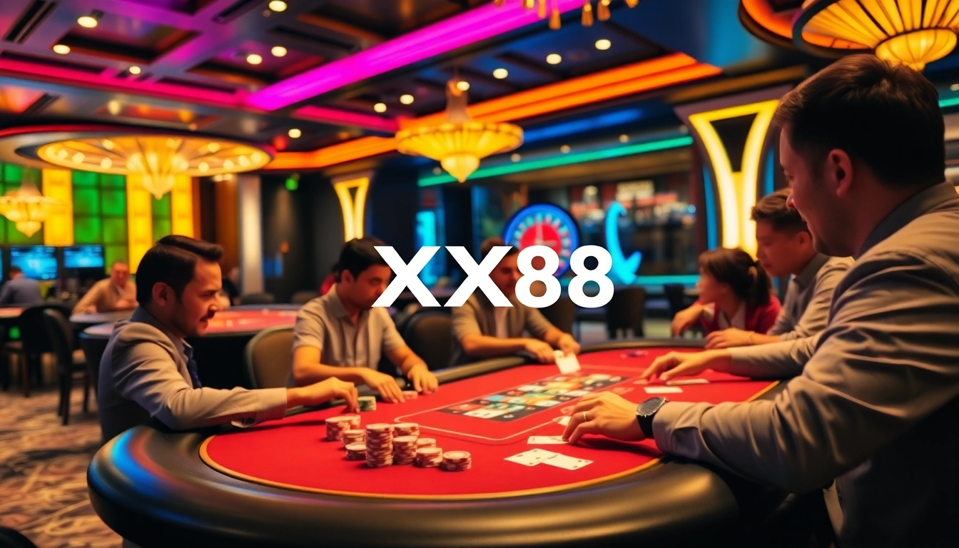 Experience thrilling gameplay at XX88 casino with vibrant poker tables and engaging players.