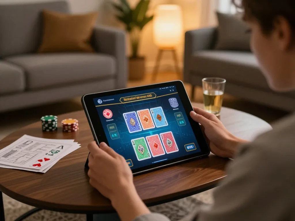 Hitclub user engaged in online casino betting on tablet, showcasing strategy notes and cozy atmosphere