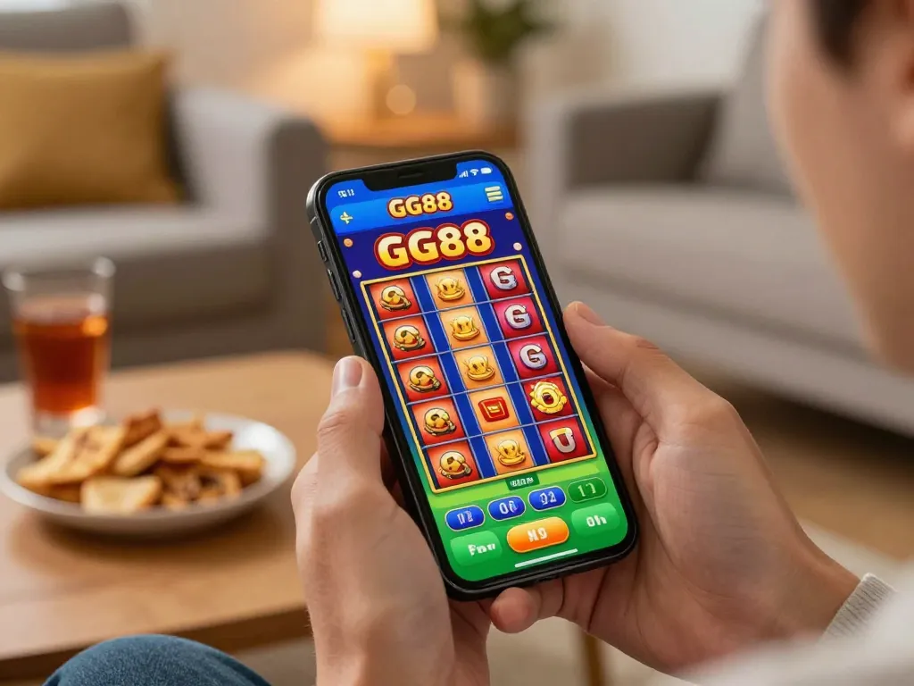 Engaging scene with a user playing GG88 casino app on a smartphone in a cozy living room.