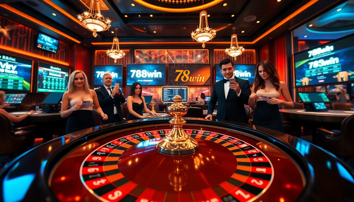 Excited players enjoying a roulette game at 78win casino, showcasing vibrant gaming and luxury.