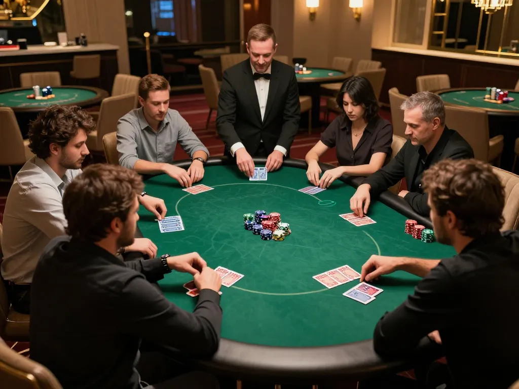 Players engaged in an immersive high-stakes poker game at 99ok casino, showcasing intense focus and excitement.