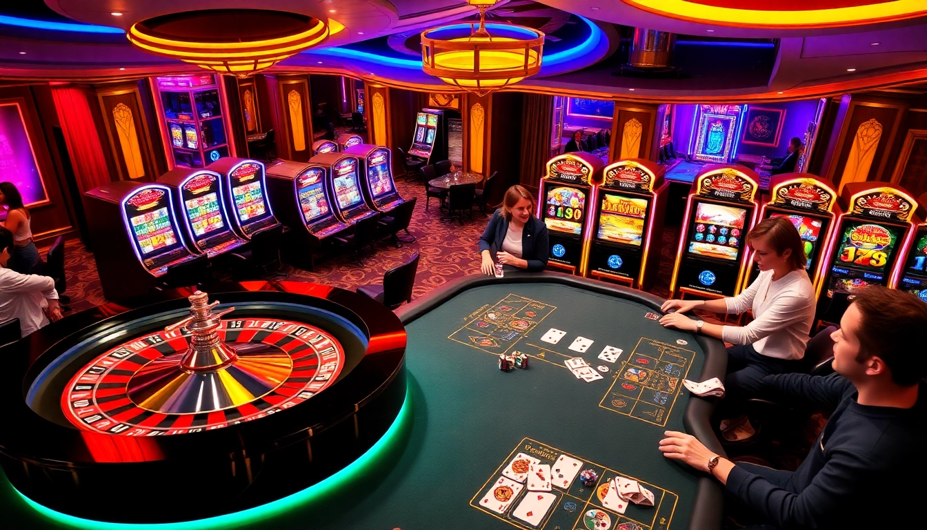 Excited players engaging with slot machines and roulette at 789F online casino.
