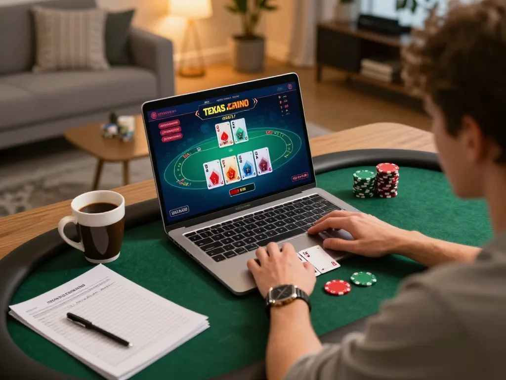 Playing poker online at https://sc88.casino/ in a cozy home setting, laptop displaying game interface.
