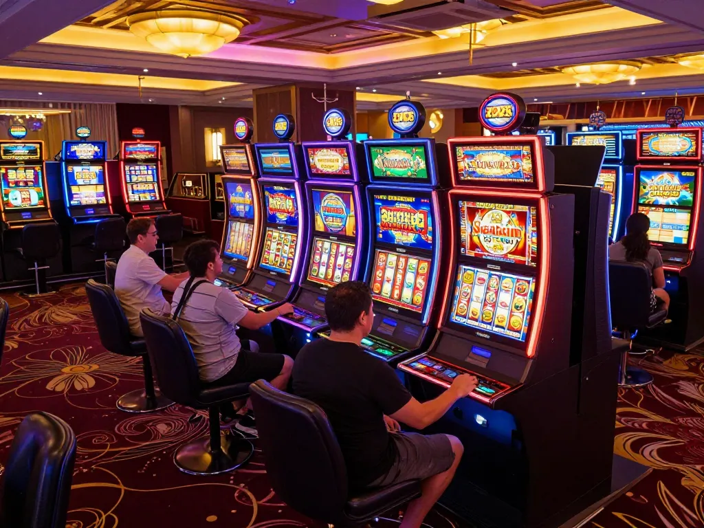 Players enjoying Slot Malaysia on colorful machines at a vibrant casino floor, showcasing exciting gameplay.
