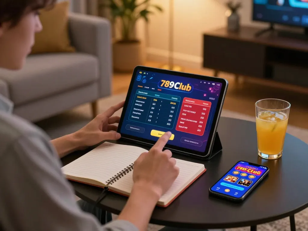 Player enjoying thrilling gameplay on 789Club app, cozy atmosphere with betting notes and drinks nearby.
