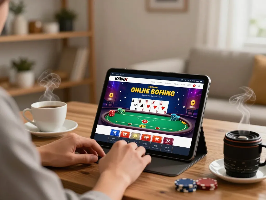 Engaging with KKWIN through online gaming tablet, showcasing a vibrant poker game.