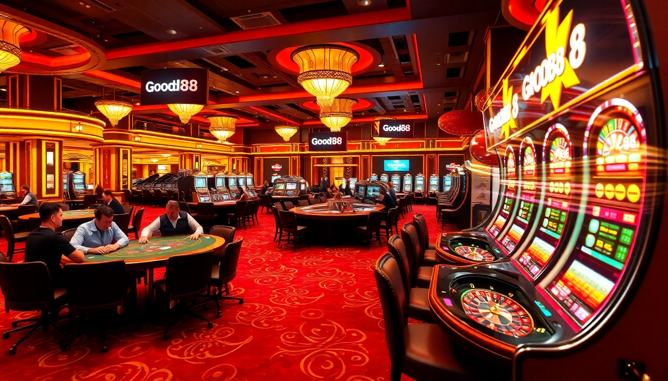 High-stakes poker at Good88 casino with vibrant roulette and luxurious surroundings.