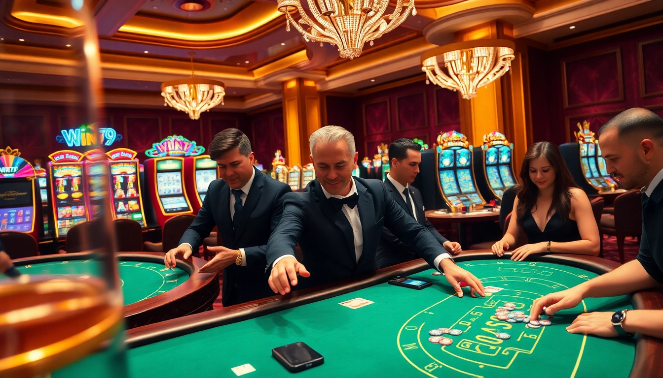 Win79 poker players enjoying an exciting game in a luxurious casino setting.