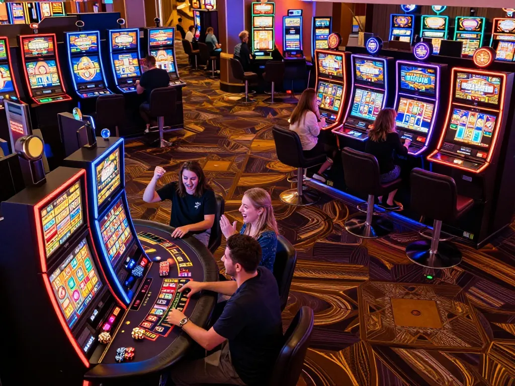 7M players eagerly engaging with slot machines in a vibrant casino environment.