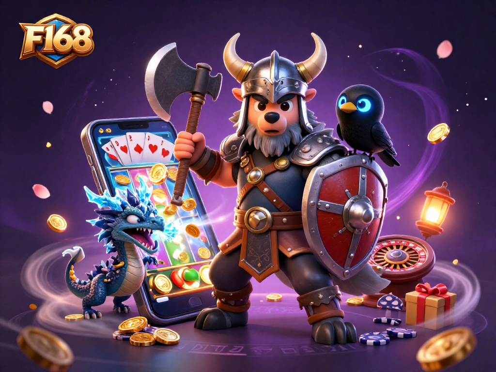 Engage with F168's vibrant gaming scene featuring a Viking warrior, a fierce dragon, and dynamic casino elements.