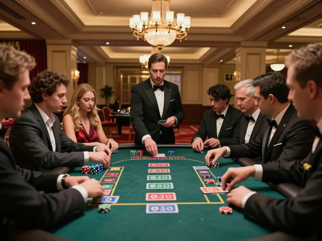 32win players engaging in strategic baccarat gameplay at an upscale casino table.