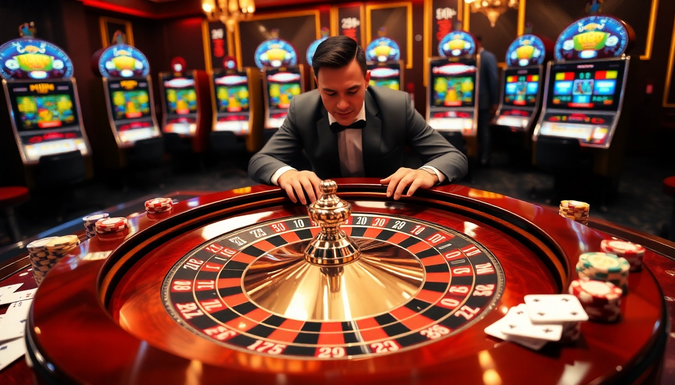 High-stakes gambling scene at https://febet4.art/ featuring roulette, poker chips, and players.