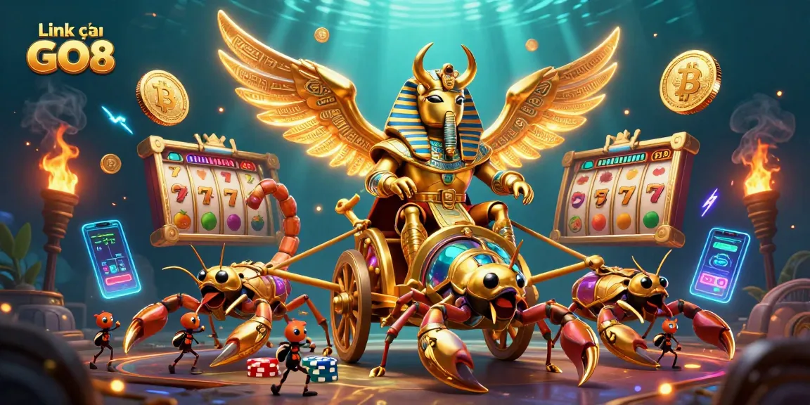 Engage with thrilling gameplay at Link vào GO8 featuring a golden scarab and dynamic slot elements in a 3D casino scene.