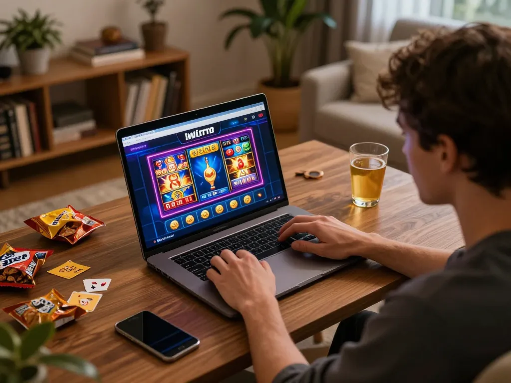 Engaging in online gaming with iwin casino on a laptop in a cozy home setting