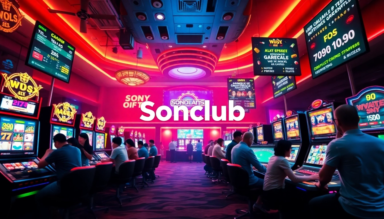 Engaging scene of Sonclub gaming platform, featuring enthusiastic players and vibrant game displays.