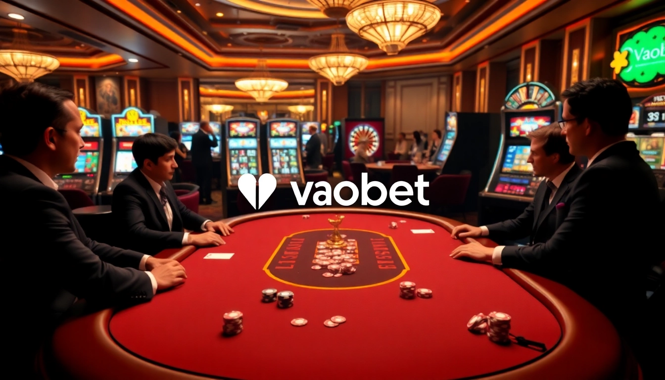 Vaobet casino scene showcasing poker action and vibrant slot machines in a luxurious setting.