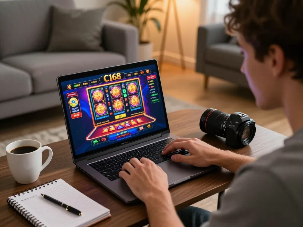 C168 online gaming setup showcasing a player engaged in casino action, immersive and responsible entertainment.