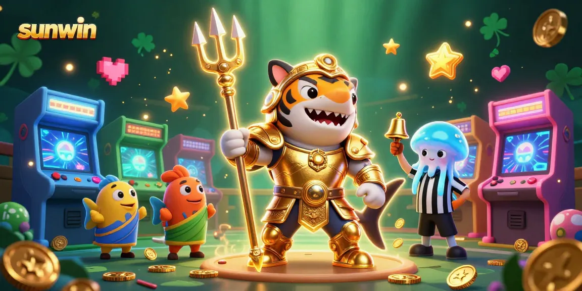 Engage with the thrilling games at sunwin, featuring a golden shark gladiator amidst vibrant casino-themed elements.