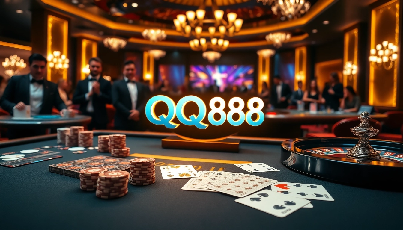 Engaging QQ88 casino scene with poker chips, roulette wheel, and illuminated tables showcasing luxury gaming.