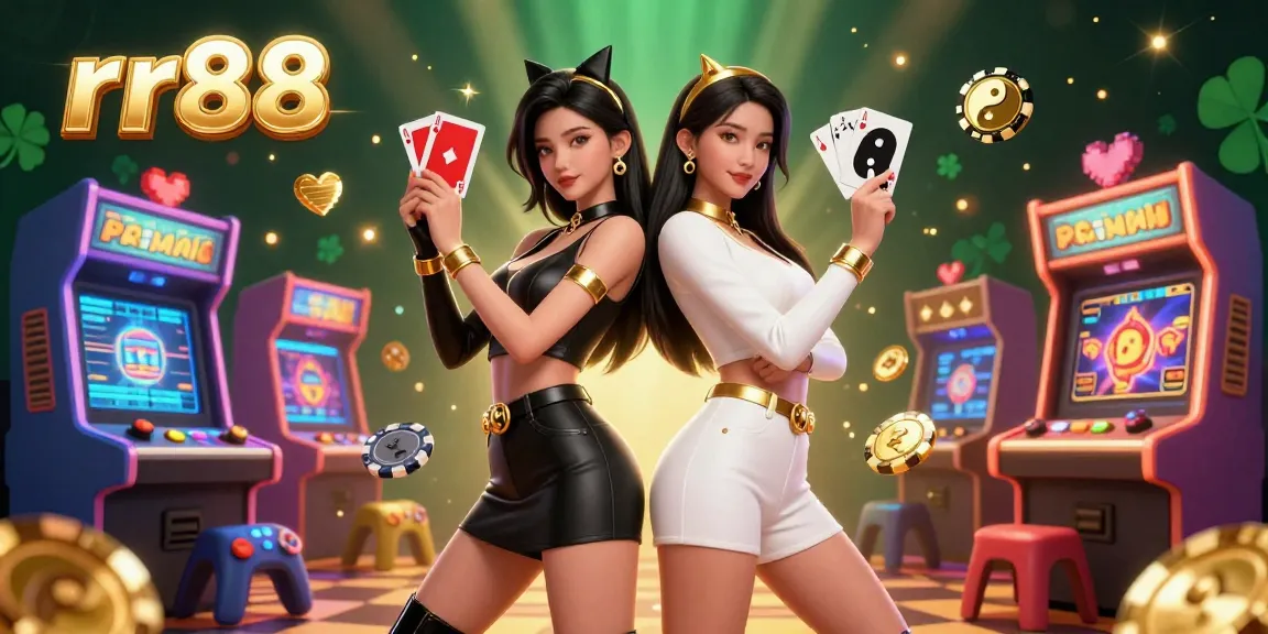 Experience thrilling gameplay at rr88 with stunning twin Asian women showcasing casino cards amid vibrant gaming elements.