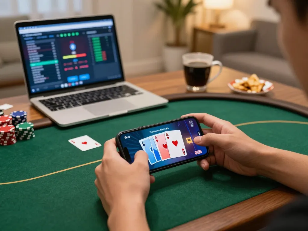 Engaging in an online debet poker game on smartphone with a cozy home backdrop.