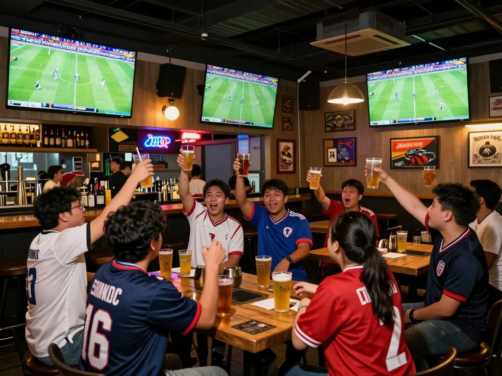 Watch ดูบอล at an energetic sports bar with fans cheering and enjoying the match atmosphere.