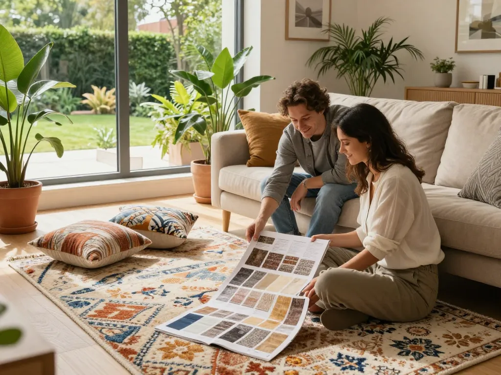 Couple exploring affordable carpets London in a cozy living room with stylish decor.