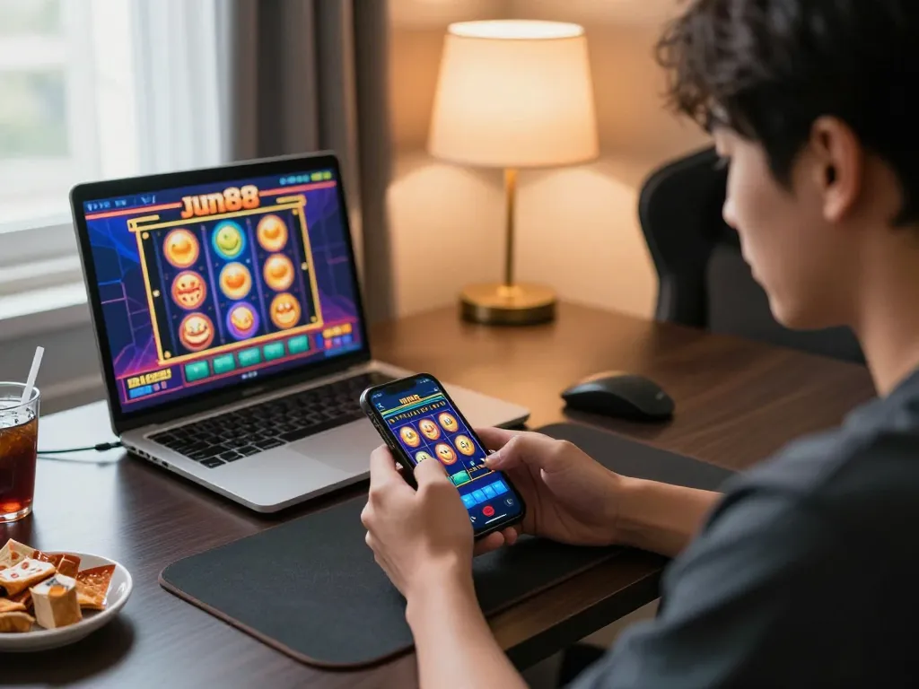 Player engaging with the jun88 mobile casino app, enjoying vibrant slot games in a cozy setting