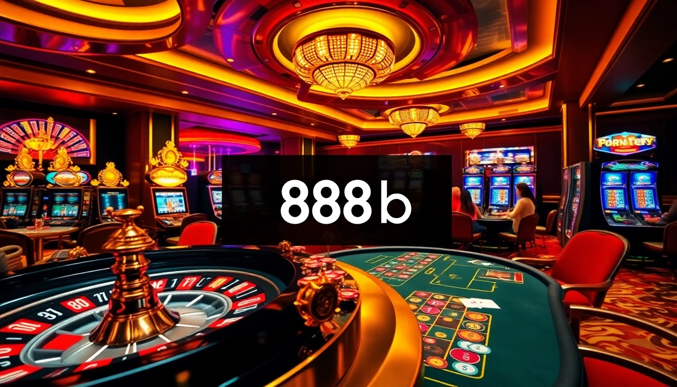 Exciting gambling action at a luxurious casino featuring 888b elements, including poker tables and roulette wheels.