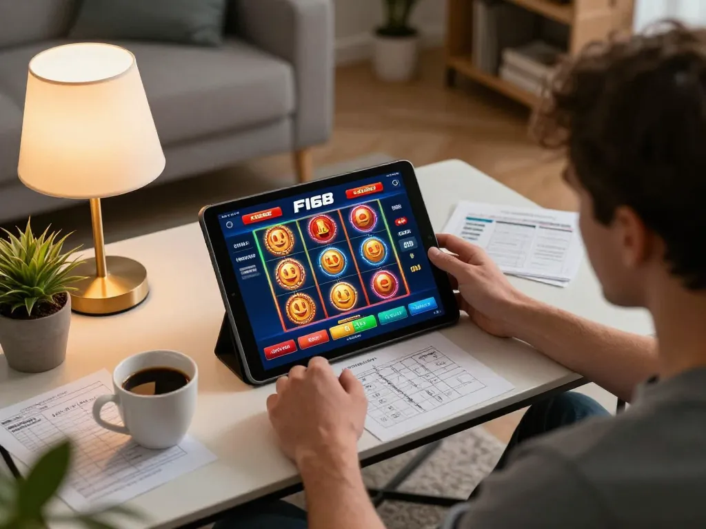 Engage with F168 casino app for thrilling online gaming in a cozy home setting.