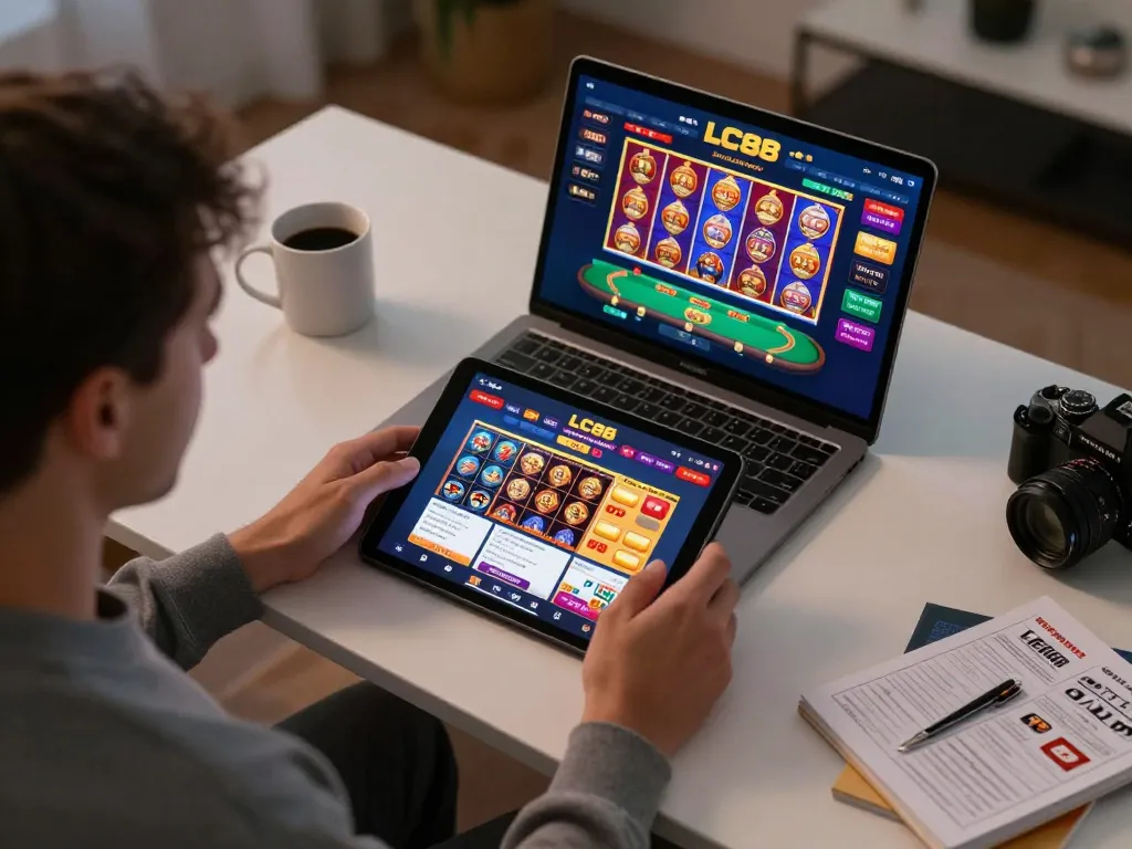 Engage with LC88 online, playing exciting casino games on a tablet in a cozy home setup