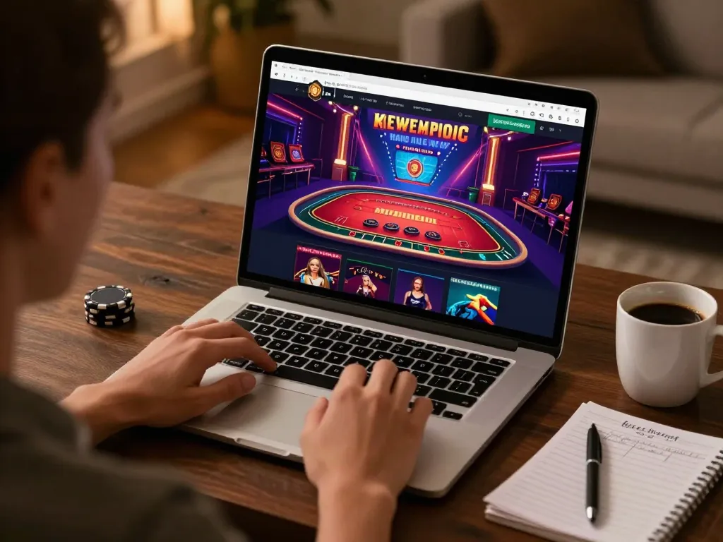 Engaging with god55 online casino live dealer game on a sleek laptop at home, showcasing vibrant graphics and excitement