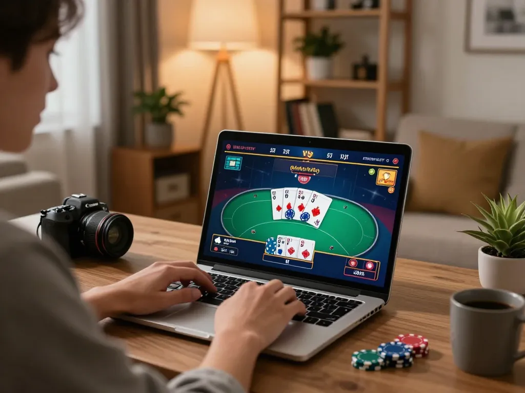 Engaged player at https://v788.biz/ enjoying online poker game on a laptop in a cozy home setting.